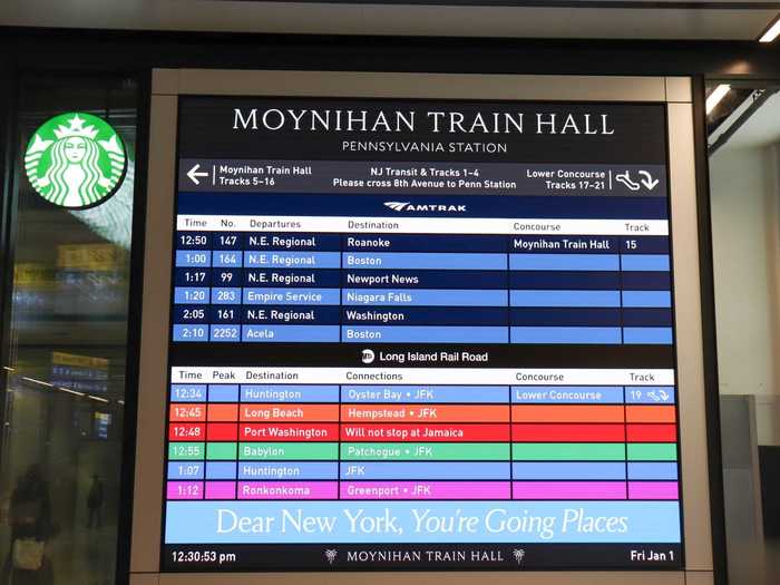 Large screens scattered throughout the station provide track information for Amtrak and Long Island Rail Road customers, eliminating the need for commuters to huddle around one sign as is common in the former station.