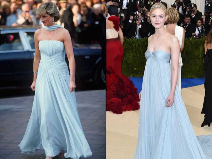 Princess Diana graced the 1987 Cannes Film Festival in pale blue, and Elle Fanning wore a similar gown at the 2017 Met Gala.