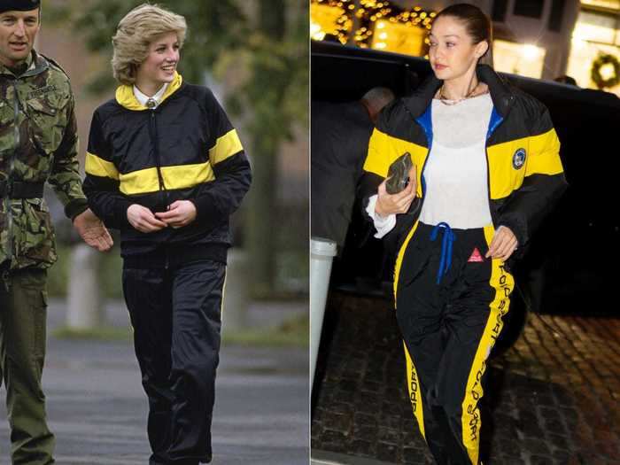 Gigi Hadid wore a Ralph Lauren tracksuit that looked reminiscent of a black-and-yellow outfit Princess Diana wore in 1985.