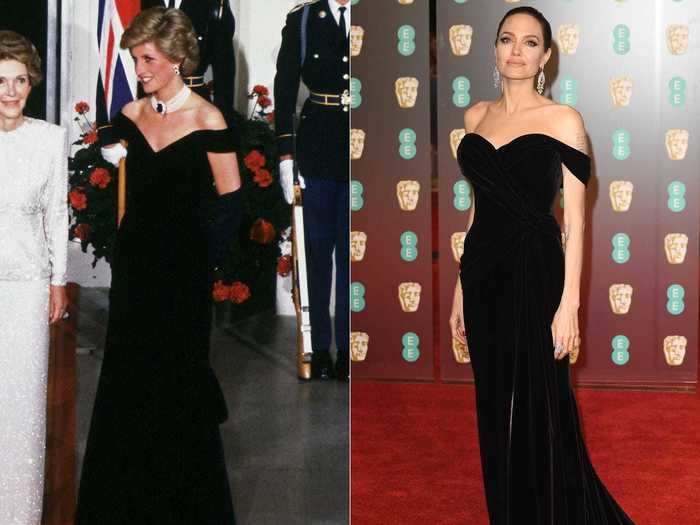 Princess Diana wore a velvet gown to a gala dinner at the White House in 1985. Angelina Jolie later channeled the iconic fashion moment at the 2018 BAFTAs.