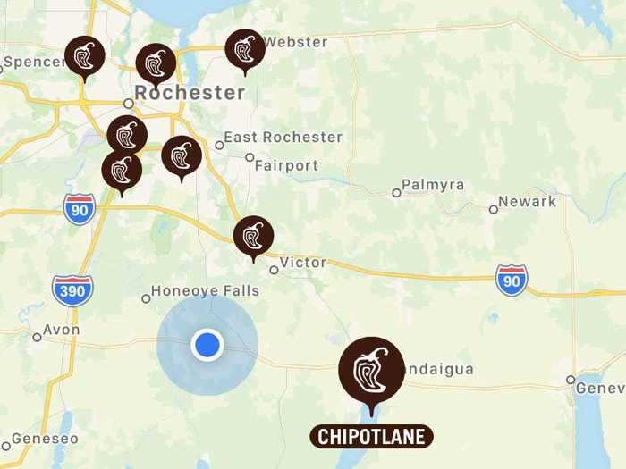 Downloading the Chipotle app is necessary for all mobile orders. When the app is open, it shows nearby Chipotle locations, and specifically marks Chipotlane locations.