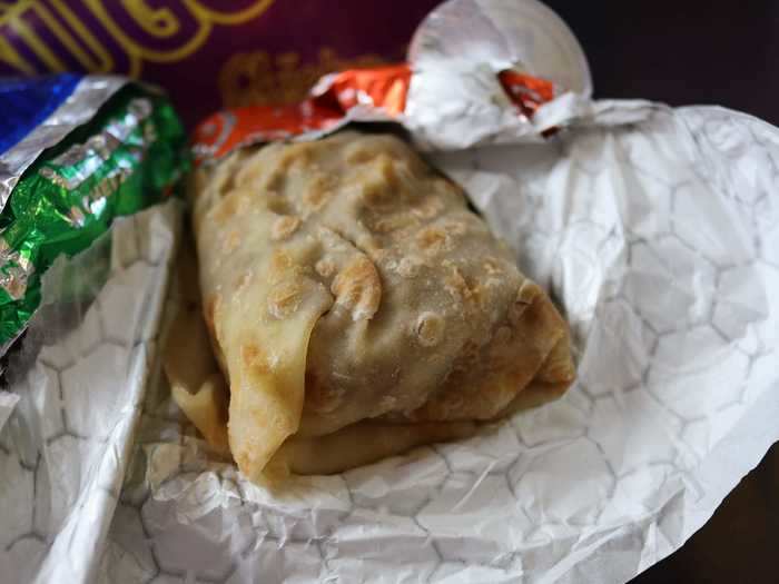 First up, the all chicken roti, which cost 10.50 BBD ($5.25). You see roti all over Barbados, and it