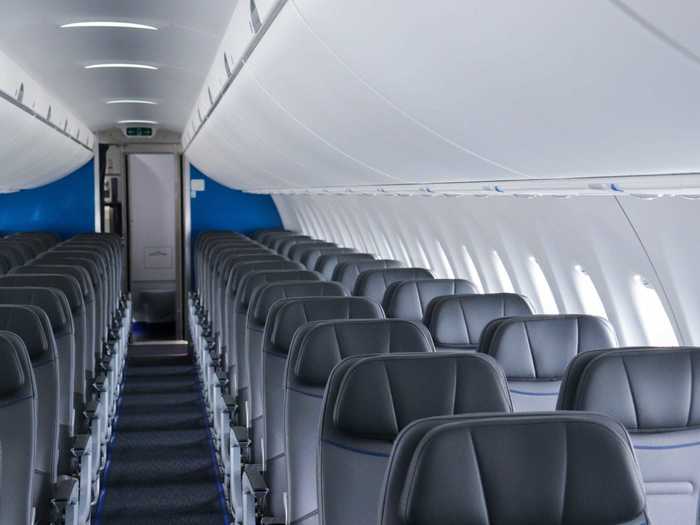 The rear cabin walls were blank during our visit but JetBlue says that the plane still has some branding to install, as the airline has done on other jets.