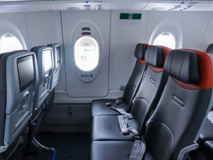 The best seats on the plane are here in the exit row as the seats feature bounds of extra legroom, moveable armrests, and a full recline.