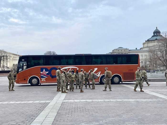 Venturing back outside in the late afternoon, I saw that several busloads of National Guard troops had arrived at the Capitol for their shifts.