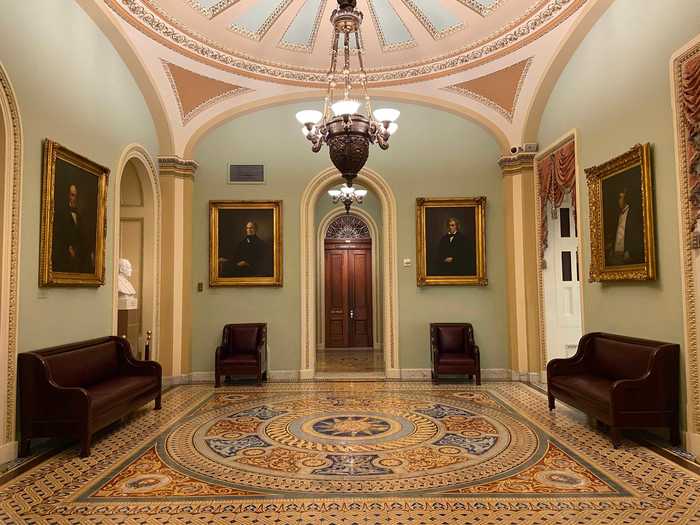 The room outside the Senate chamber where a rioter carried a Confederate flag on Monday was completely empty, and had been scrubbed clean of any damage.