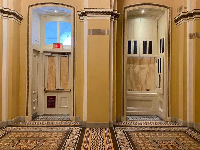 The damage was more visible on the Senate side of the Capitol. While most of the Senate looked totally normal, there were telltale signs of a riot. Here are a window and a door that had the glass shattered by rioters last week.