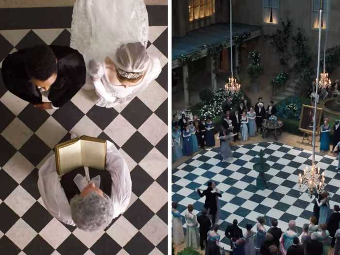 A checkerboard floor ties two scenes together: Daphne and Simon