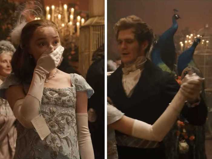 Birdcages and stuffed peacocks that serve as decor during a ball hint at the role of men and women in society, per Insider