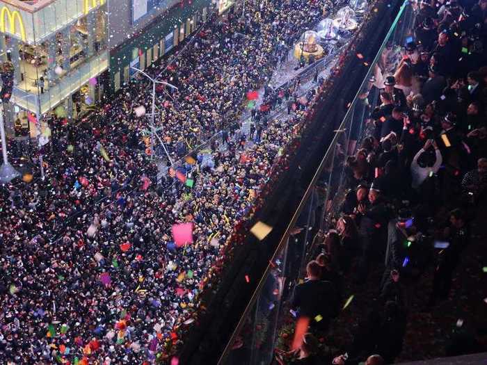 A giant crowd packed into Times Square to watch the ball drop on January 1, 2020.