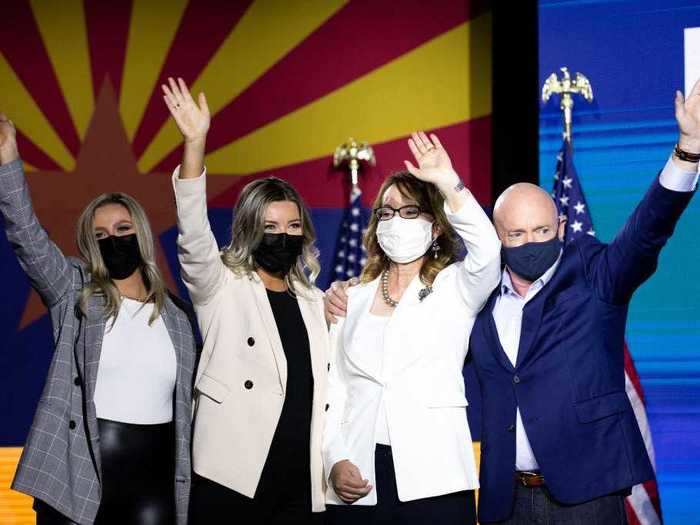 November 3, 2020: Kelly was elected to the Senate. Giffords and his daughters joined him to celebrate the victory.