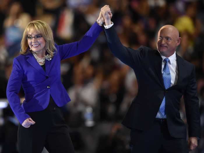July 27, 2016: Giffords spoke at the Democratic National Convention, introduced by Kelly.