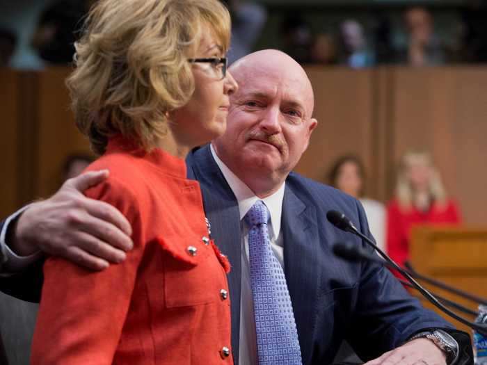 January 30, 2013: Kelly put an arm around Giffords as she testified before the Senate Judiciary Committee about gun violence as part of their newly-formed political action committee, Americans for Responsible Solutions (later renamed Giffords).