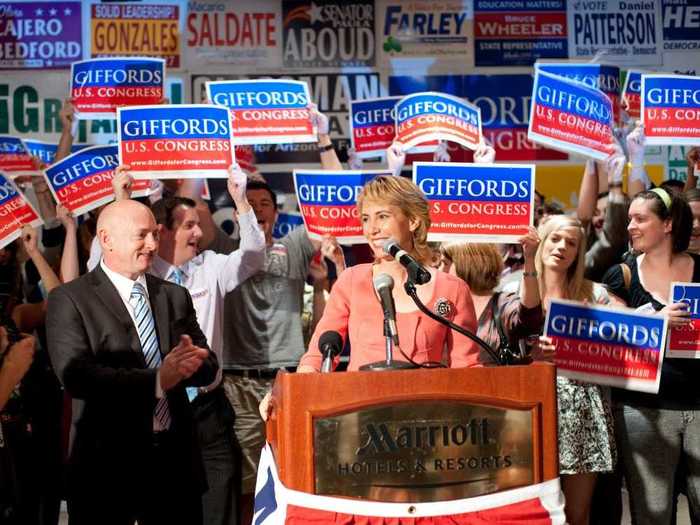 November 2, 2010: Giffords won reelection for her third term in the US House of Representatives, with Kelly by her side as she gave her victory speech.