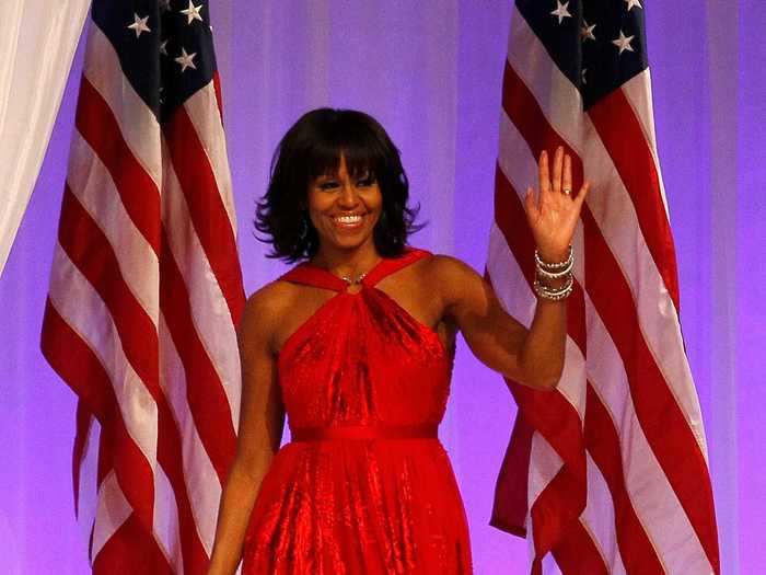 January 22, 2013: She stunned at the inaugural ball wearing a red Jason Wu gown and Jimmy Choo shoes.