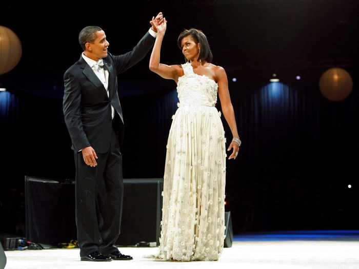 January 21, 2009: She wore a custom-made white gown by Jason Wu at the Southern Regional Inaugural Ball.