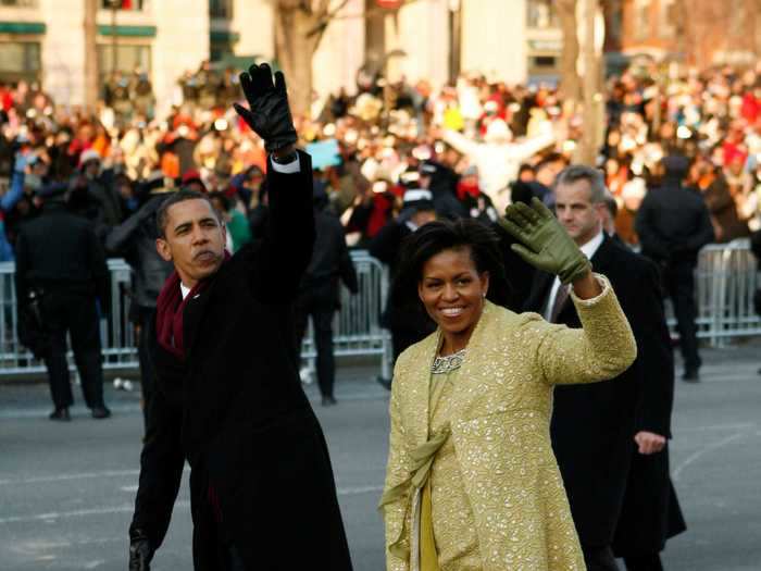 January 20, 2009: Michelle Obama shined next to President Obama in a sparkly yellow dress and overcoat at the 44th president