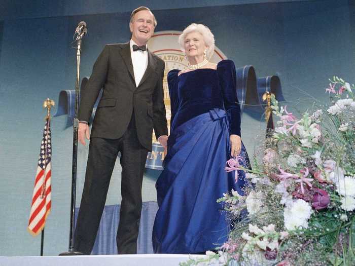 January 21, 1989: Barbara Bush wore a royal-blue gown with a velvet bodice to the inaugural balls.