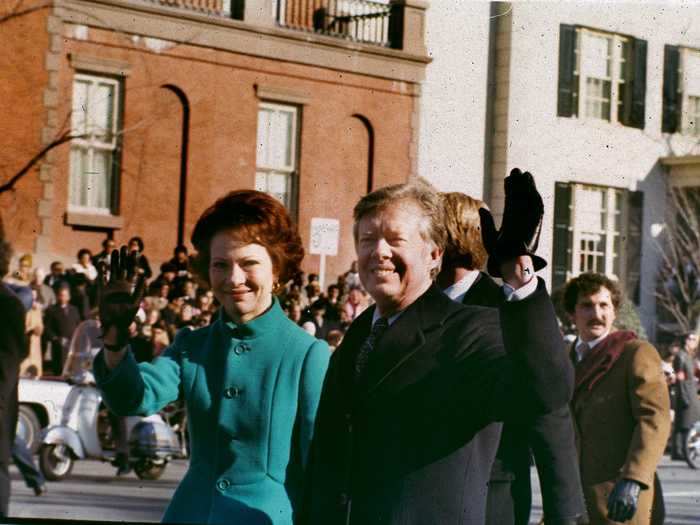 January 20, 1977: Rosalynn Carter walked from the Capitol to the White House in a brilliant turquoise coat.