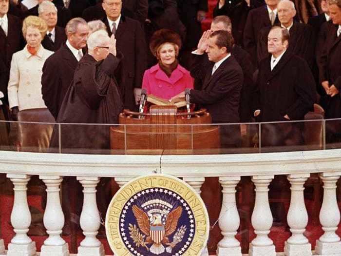 January 20, 1969: Pat Nixon wore a mimosa silk satin gown embroidered in gold and silver. You can