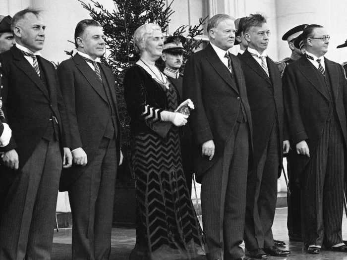 March 4, 1929: Lou Henry Hoover wore a velvet dress with a zig-zag pattern to Herbert Hoover