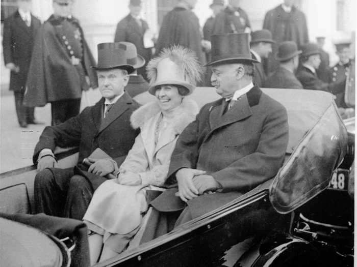 March 4, 1925: Grace Coolidge was all smiles in a gray dress and top hat to match Calvin Coolidge