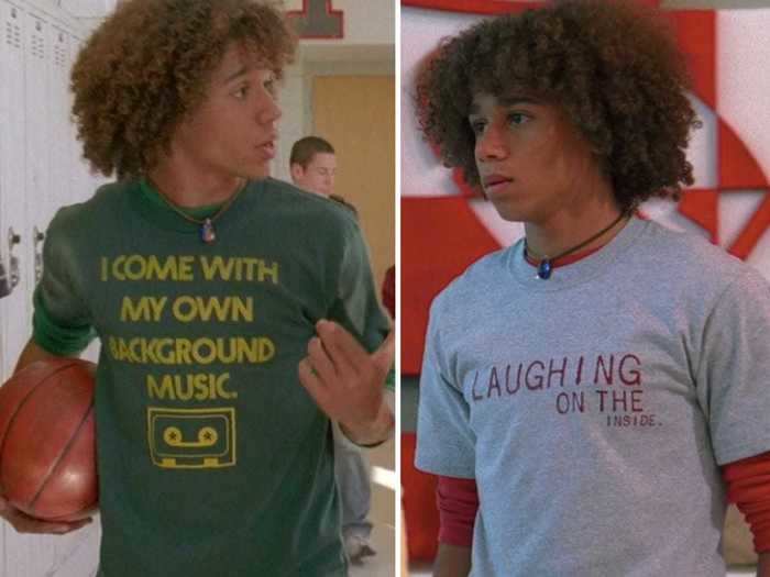 Chad wears fun graphic T-shirts that feature original slogans.