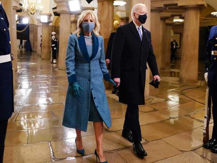 Like the Vice President, first lady Jill Biden wore a monochromatic outfit.