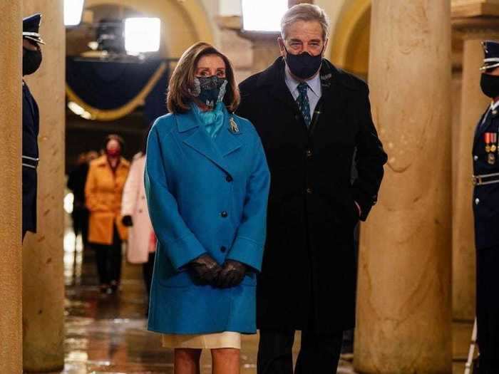 Speaker Nancy Pelosi wore a bright blue ensemble.