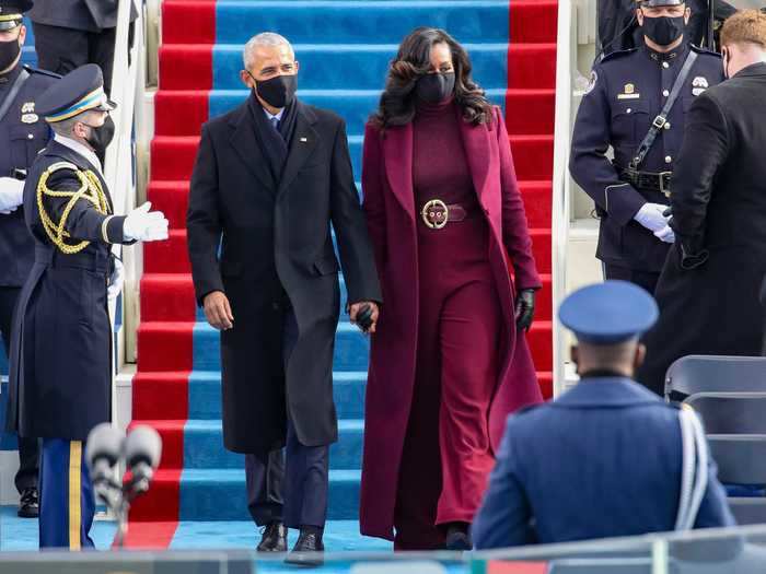 Michelle Obama wore an impeccable inauguration outfit, which featured a plum overcoat.