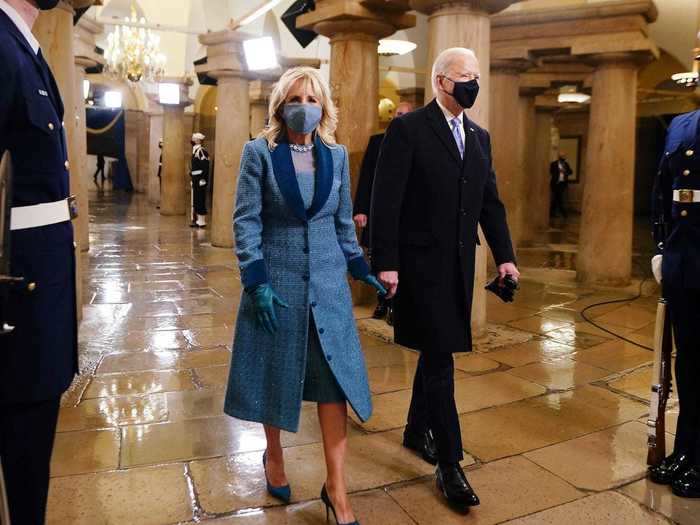 First lady Jill Biden made a statement with her tweed blue coat from the American fashion label, Markarian.