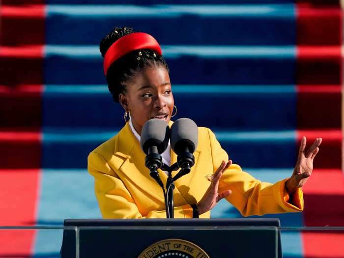 Amanda Gorman, the inaugural poet, wore the brightest outfit of the day, featuring a bold yellow Prada coat.