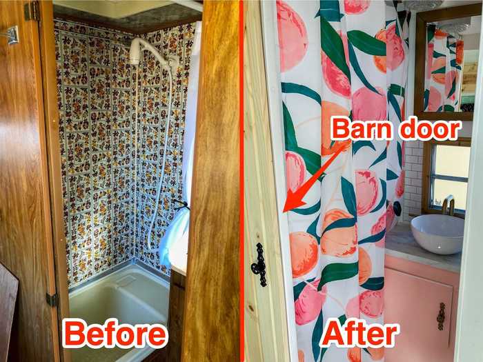 Andrea renovated the shower by removing the old wallpaper, adding a new shower curtain, and adding a sliding barn door to provide privacy while saving space.