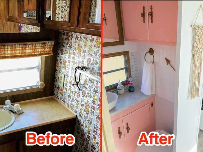 Across from the kitchen, the bathroom got a makeover, too, with a new toilet, backsplash, and countertops.