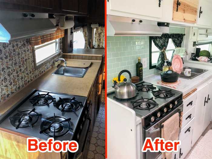 The kitchen has new curtains, countertops, and a brighter backsplash for a more modern look.