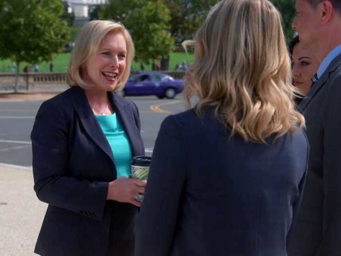 New York Senator Kirsten Gillibrand also appears in the season seven episode.