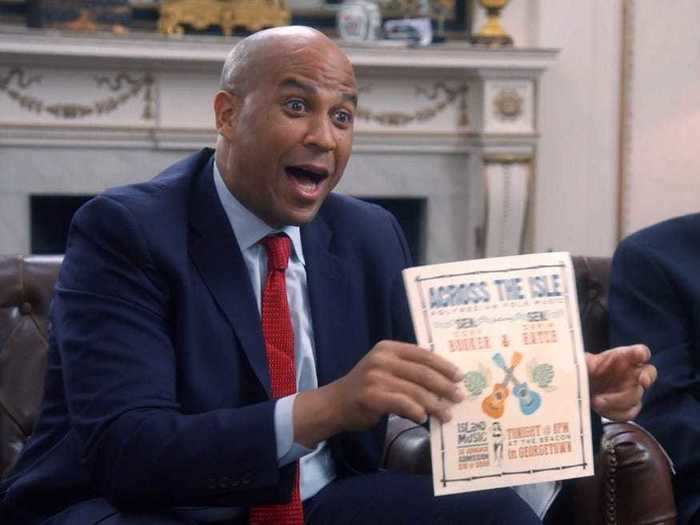 Senator Cory Booker tries to convince Leslie to see his Polynesian folk music duo, Across the Isle.