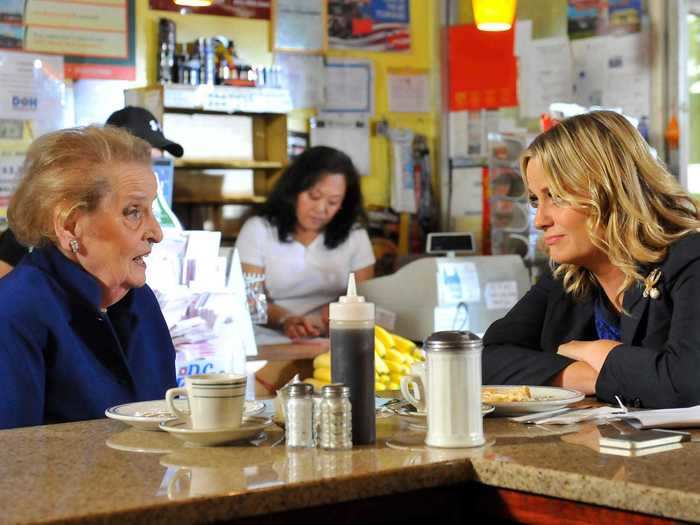 Madeleine Albright helps Leslie talk some feelings out over waffles in season seven.