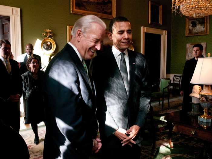 Obama and Biden stood together in the Green Room of the White House in 2009.