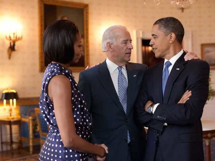 Michelle Obama joined Barack and Biden in the Blue Room in 2010.