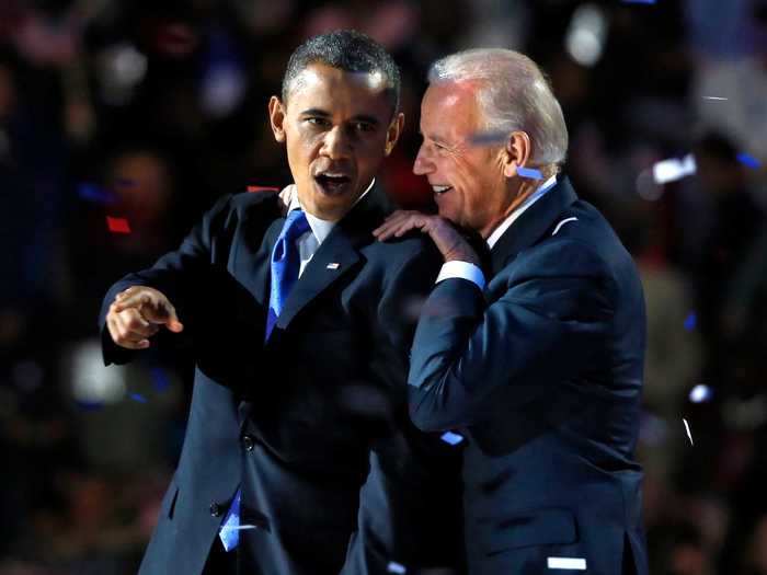 Obama celebrated with Biden when they were reelected in 2012.