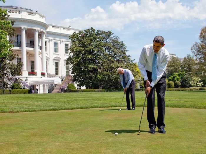 Obama and Biden practiced their putting on the White House putting green in 2009.