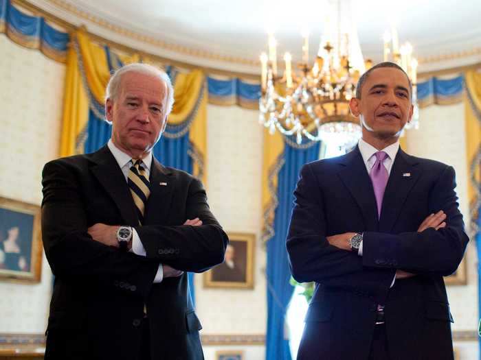 Obama and Biden posed in the Blue Room of the White House in 2010.