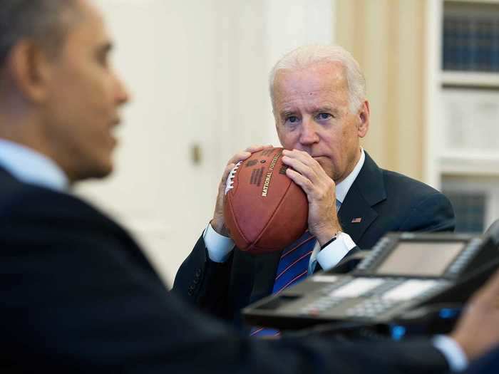 Biden held a football on a conference call with Obama in 2013.