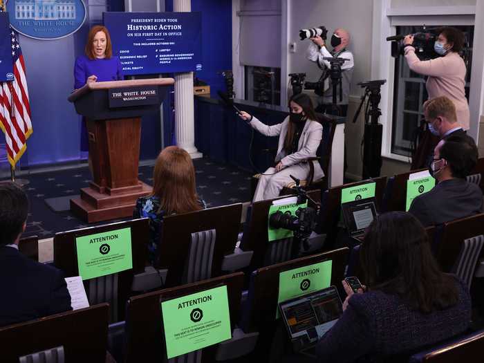 The James S. Brady Press Briefing Room is where the White House press secretary gives briefings to the news media. The White House press corps