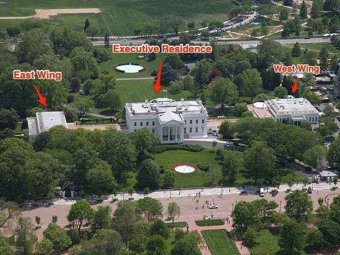 The massive building contains three connected but distinct sections: the West Wing, the East Wing, and the Executive Residence in the middle.