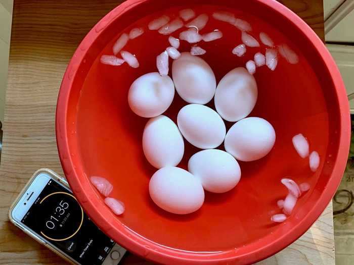 After the six-and-a-half minutes were up, I transferred my eggs into an ice bath.