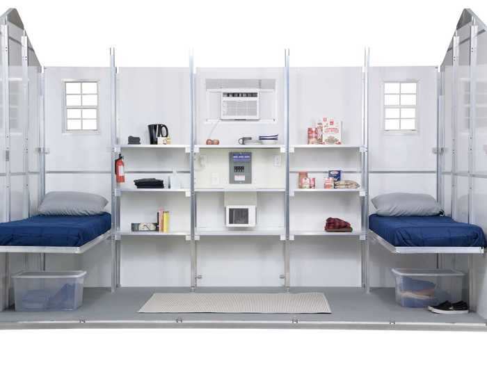 The shelters can accommodate up to four beds with a folding bunk bed system, although the beds can optionally be replaced with desks.