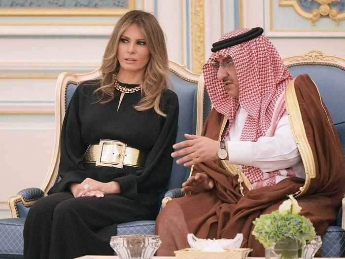 Melania Trump was thought to have made a diplomatic statement with an oversized gold belt during a visit to Saudi Arabia.