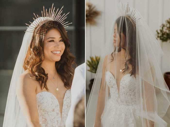 Stephanie paired the dress with an affordable crown and veil that made a statement.